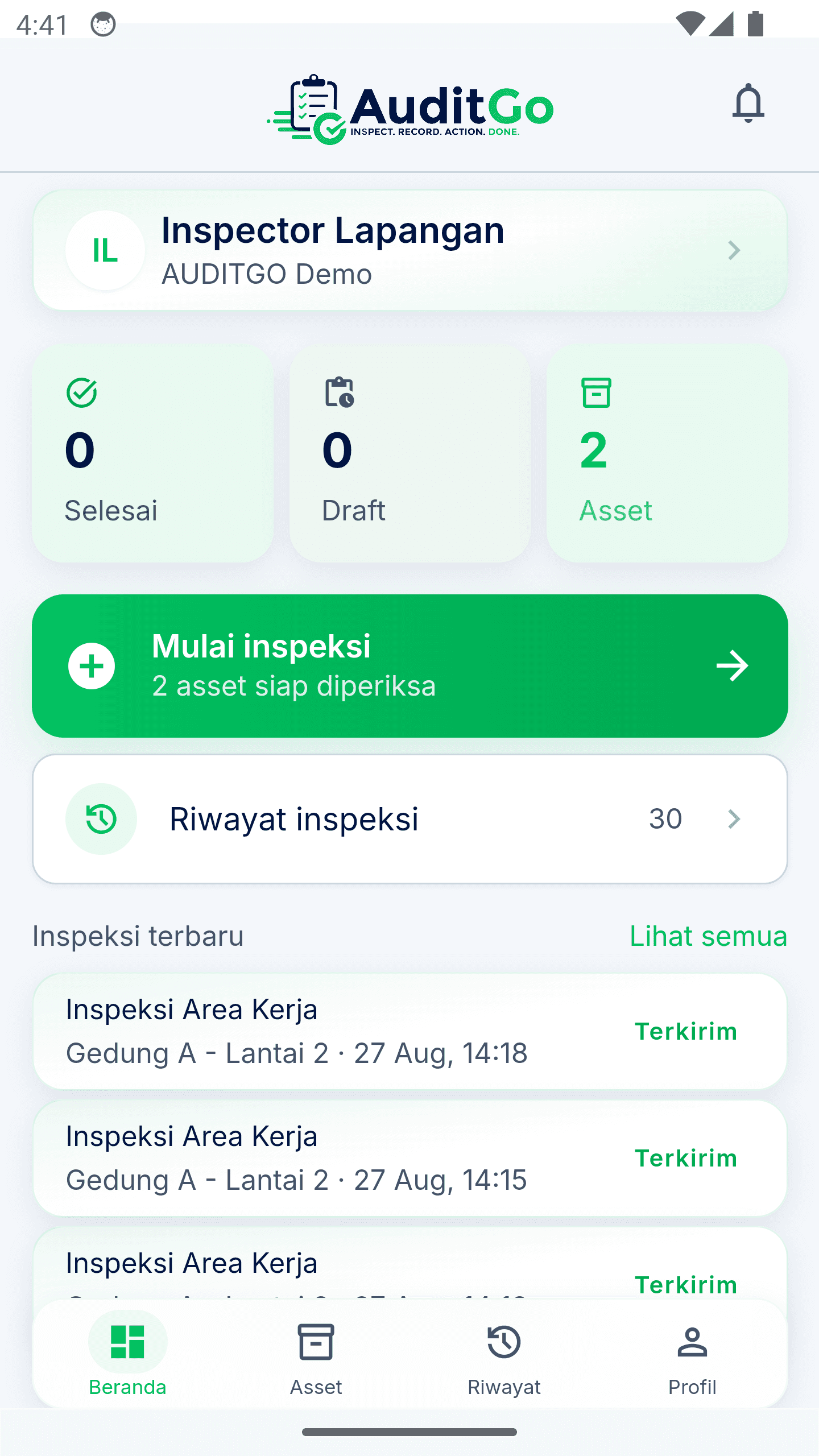 Beranda inspector Auditgo di emulator Android